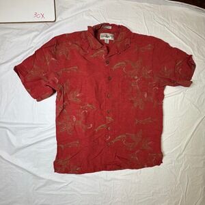 Hook‎ & Tackle Mens Red Dolphin Fish Floral Print Button Up Shirt Size Medium